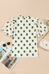 Apricot Polka Dot Print Shirred Yoke Notched Neck Balloon Sleeve Blouse Blouses & Shirts JT's Designer Fashion