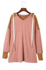 Brown Waffle Knit Patchwork Drawstring V Neck Hoodie Sweatshirts & Hoodies JT's Designer Fashion