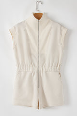 Jet Stream Textured Zipped Front V Neck Collared Casual Romper Jumpsuits & Rompers JT's Designer Fashion