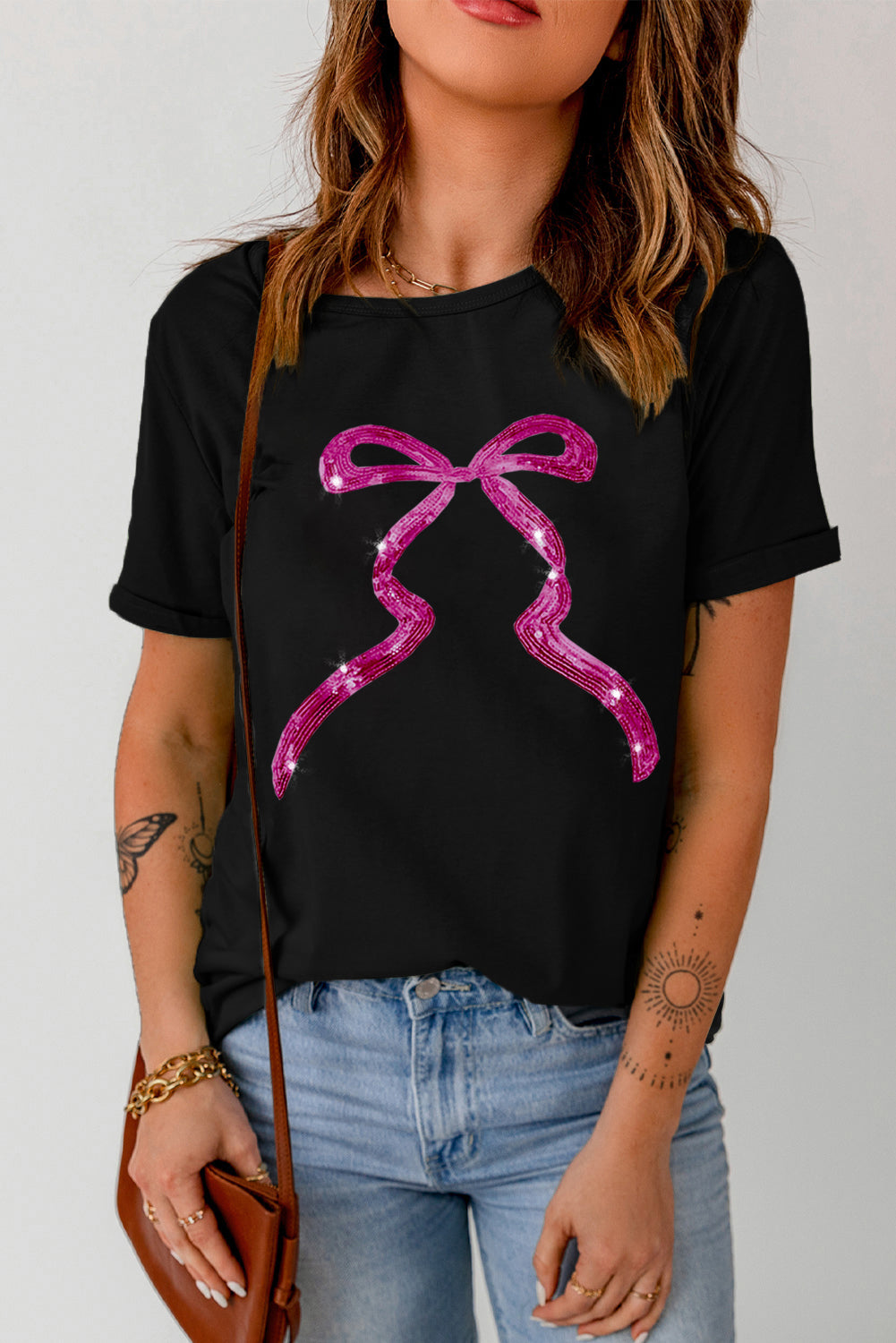 Black Sequin Bow Ribbon Graphic T Shirt Graphic Tees JT's Designer Fashion