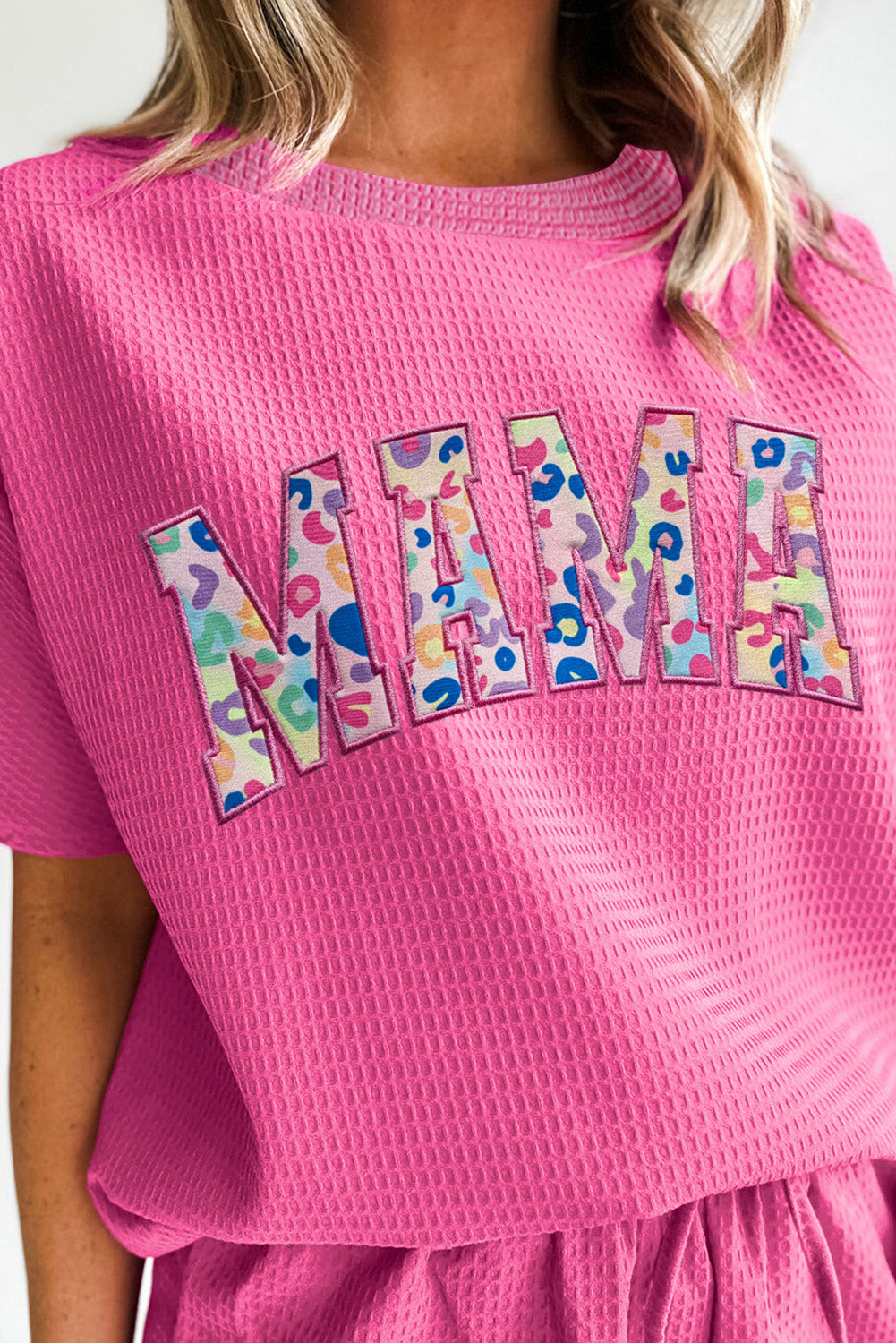 Rose Red MAMA Embroidered Leopard Letters Waffle Short Set Graphic Sets JT's Designer Fashion