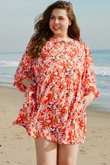 Orange Floral Print Split V Neck Bubble Sleeve Plus Size Midi Dress Plus Size Midi Dresses JT's Designer Fashion