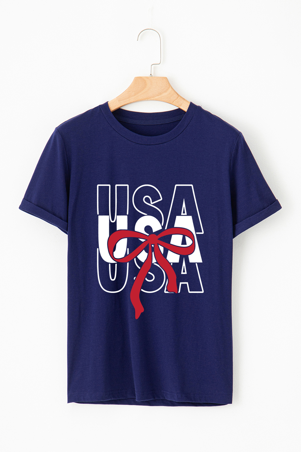 Blue USA Bow Printed Casual Cotton Blend T Shirt Graphic Tees JT's Designer Fashion