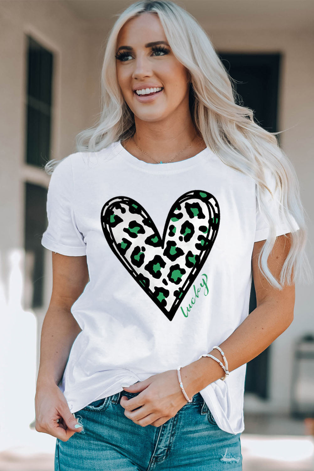 White Lucky Leopard Heart Print St Patricks Day T Shirt Graphic Tees JT's Designer Fashion