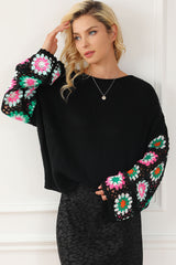 Black Floral Crochet Bell Sleeve Loose Sweater Sweaters JT's Designer Fashion