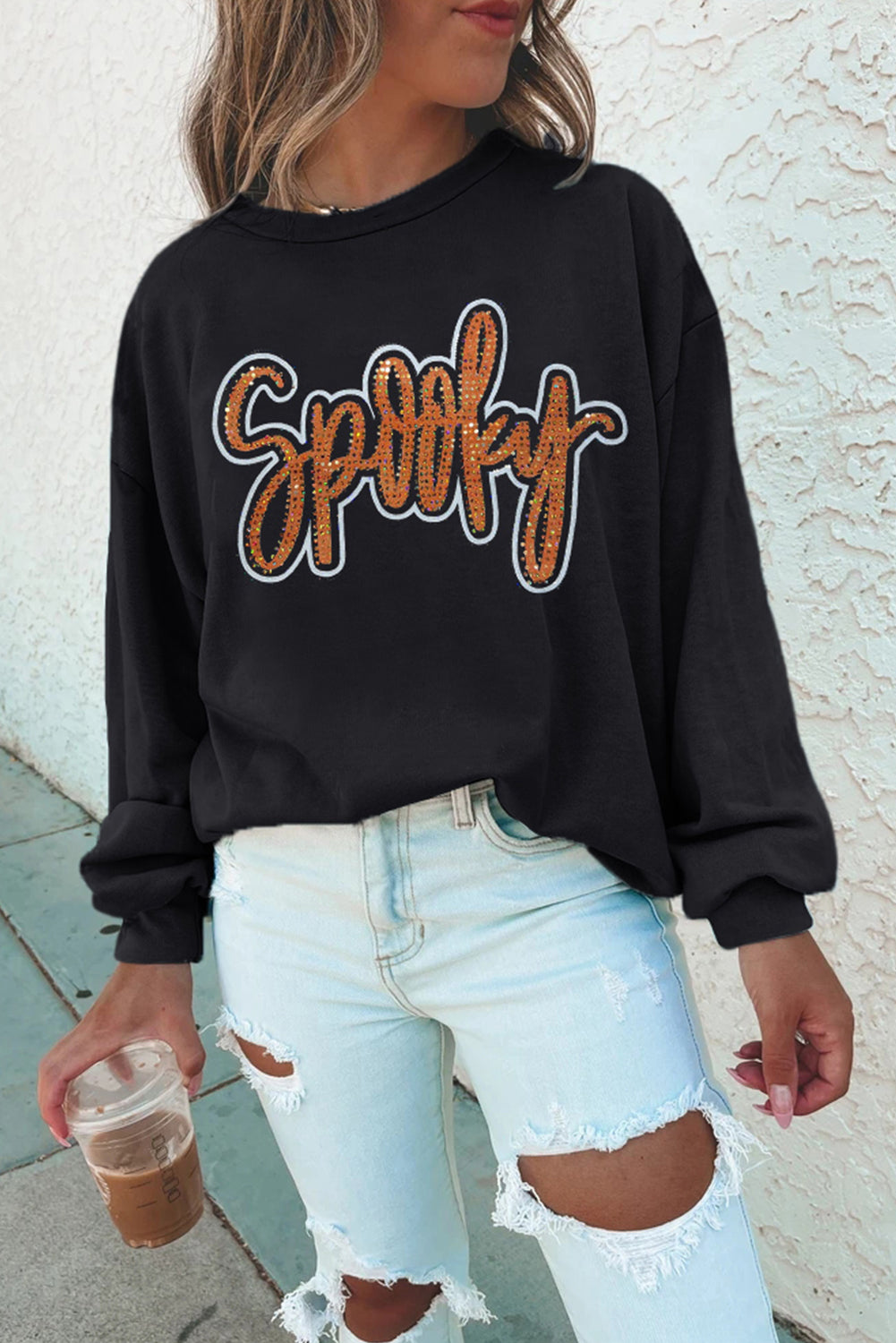 Black Spooky Rhinestone Drop Shoulder Graphic Sweatshirt Black 50%Polyester+50%Cotton Graphic Sweatshirts JT's Designer Fashion