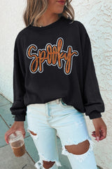 Black Spooky Rhinestone Drop Shoulder Graphic Sweatshirt Black 50%Polyester+50%Cotton Graphic Sweatshirts JT's Designer Fashion