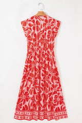 Red Boho Floral Short Sleeve V Neck Buttoned Shirred Waist Long Dress Floral Dresses JT's Designer Fashion