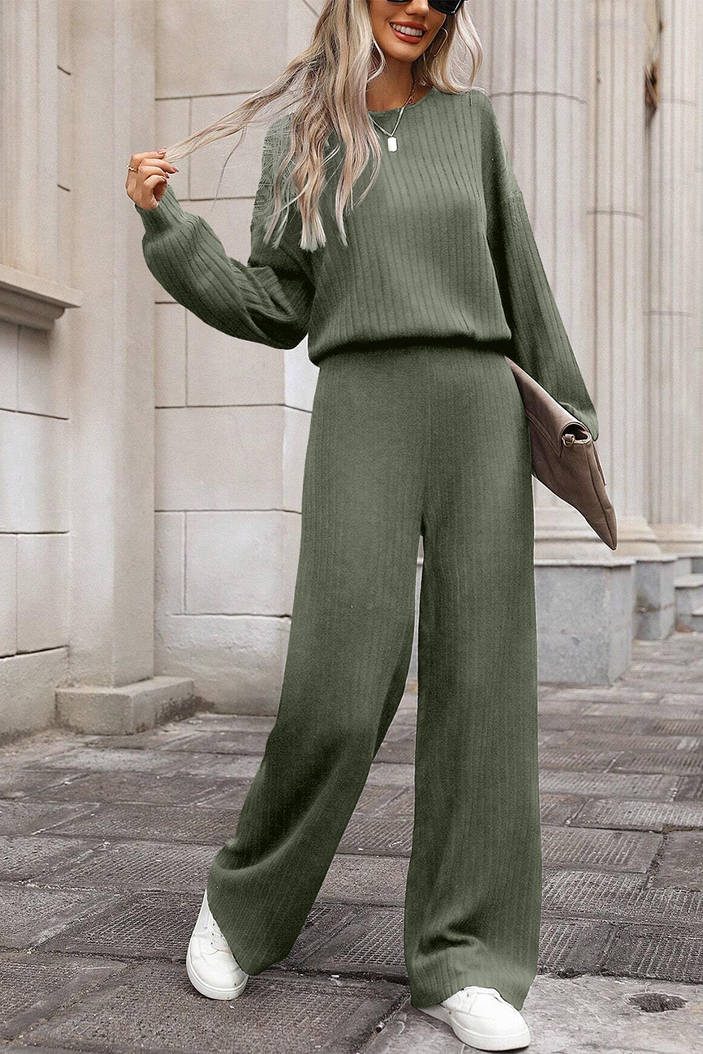 Laurel Green Solid Ribbed Knit Keyhole Back High Waist Jumpsuit Jumpsuits & Rompers JT's Designer Fashion