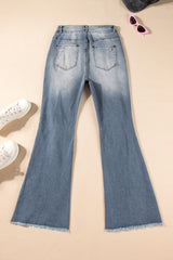 Dusk Blue Vintage Light Wash Ripped Raw Edge Flare Jeans Jeans JT's Designer Fashion