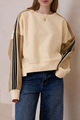 Beige Contrast Striped Patchwork Drop Shoulder Loose Sweatshirt Sweatshirts & Hoodies JT's Designer Fashion