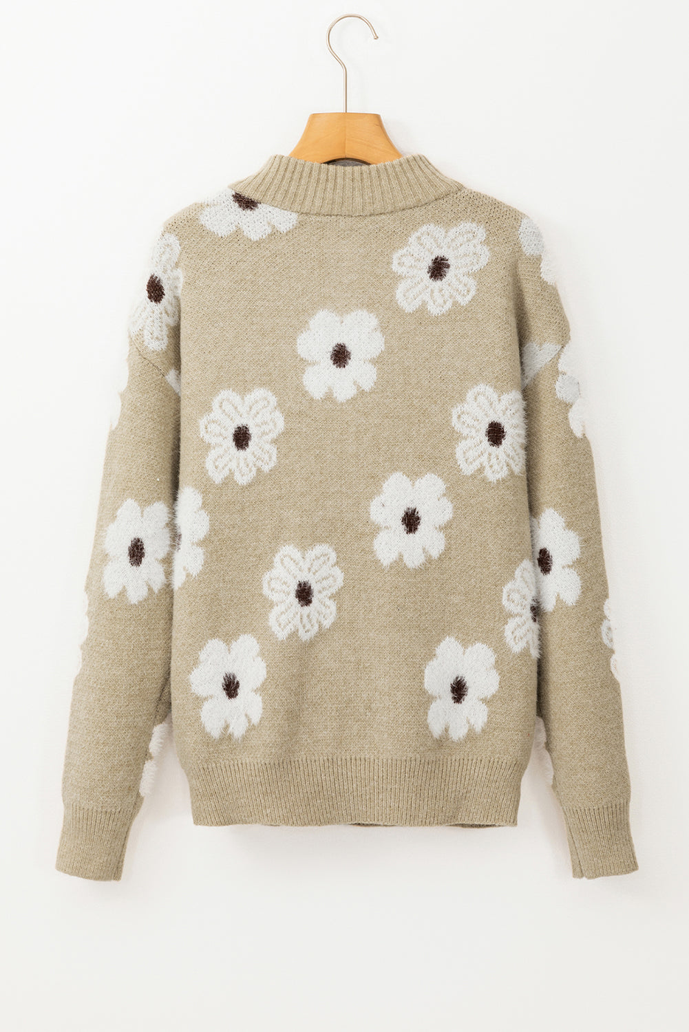 Khaki Floral Pattern Half Zip Drop Shoulder Sweater Sweaters JT's Designer Fashion