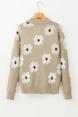 Khaki Floral Pattern Half Zip Drop Shoulder Sweater Sweaters JT's Designer Fashion