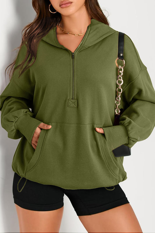 Moss Green Solid Kangaroo Pocket Half Zipper Oversized Hoodie Sweatshirts & Hoodies JT's Designer Fashion