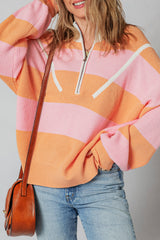 Orange Stripe Colorblock Half Zip Oversize Sweater Sweaters JT's Designer Fashion