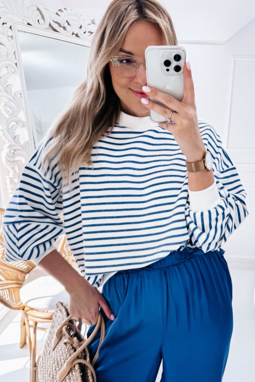 Blue Stripe Drop Shoulder Crew Neck Loose Sweatshirt Sweatshirts & Hoodies JT's Designer Fashion