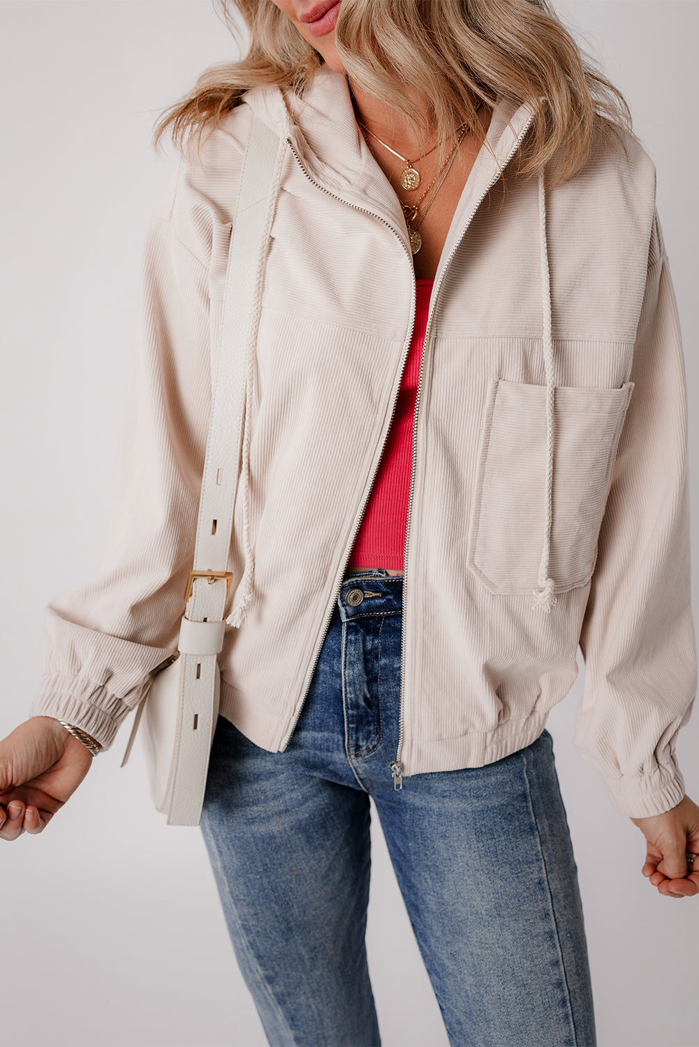 White Corduroy Drawstring Hooded Pocket Zip Up Jacket Jackets JT's Designer Fashion