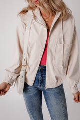 White Corduroy Drawstring Hooded Pocket Zip Up Jacket Jackets JT's Designer Fashion
