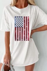 White Sequined American Flag Crewneck Oversized Tee Graphic Tees JT's Designer Fashion