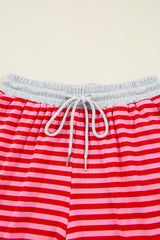 Red Stripe Drop Shoulder Baggy Pullover and Shorts Casual Set Short Sets JT's Designer Fashion