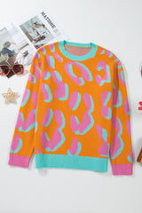 Orange Leopard Colorblock Ribbed Edge Sweater Sweaters JT's Designer Fashion