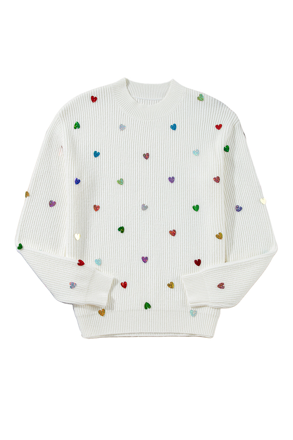 Beige Sequin Heart Shape Waffle Knit Round Neck Sweater Sweaters JT's Designer Fashion