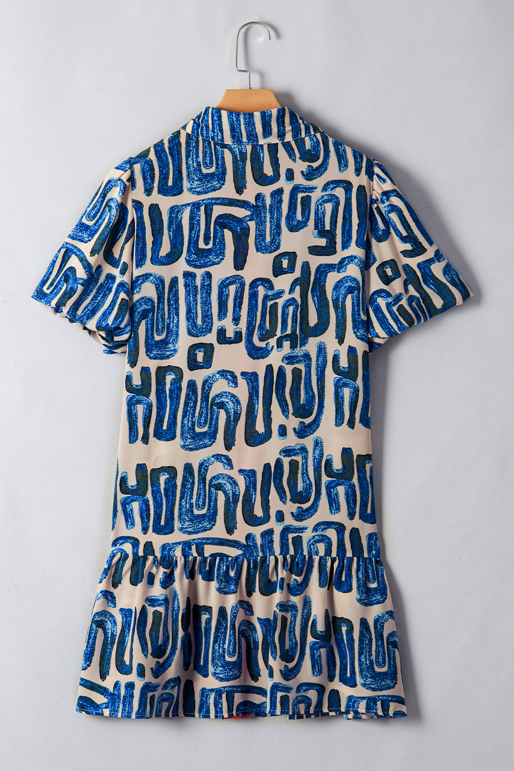 Beige Abstract Print Bubble Sleeve Button up Mini Dress Mini Dresses JT's Designer Fashion