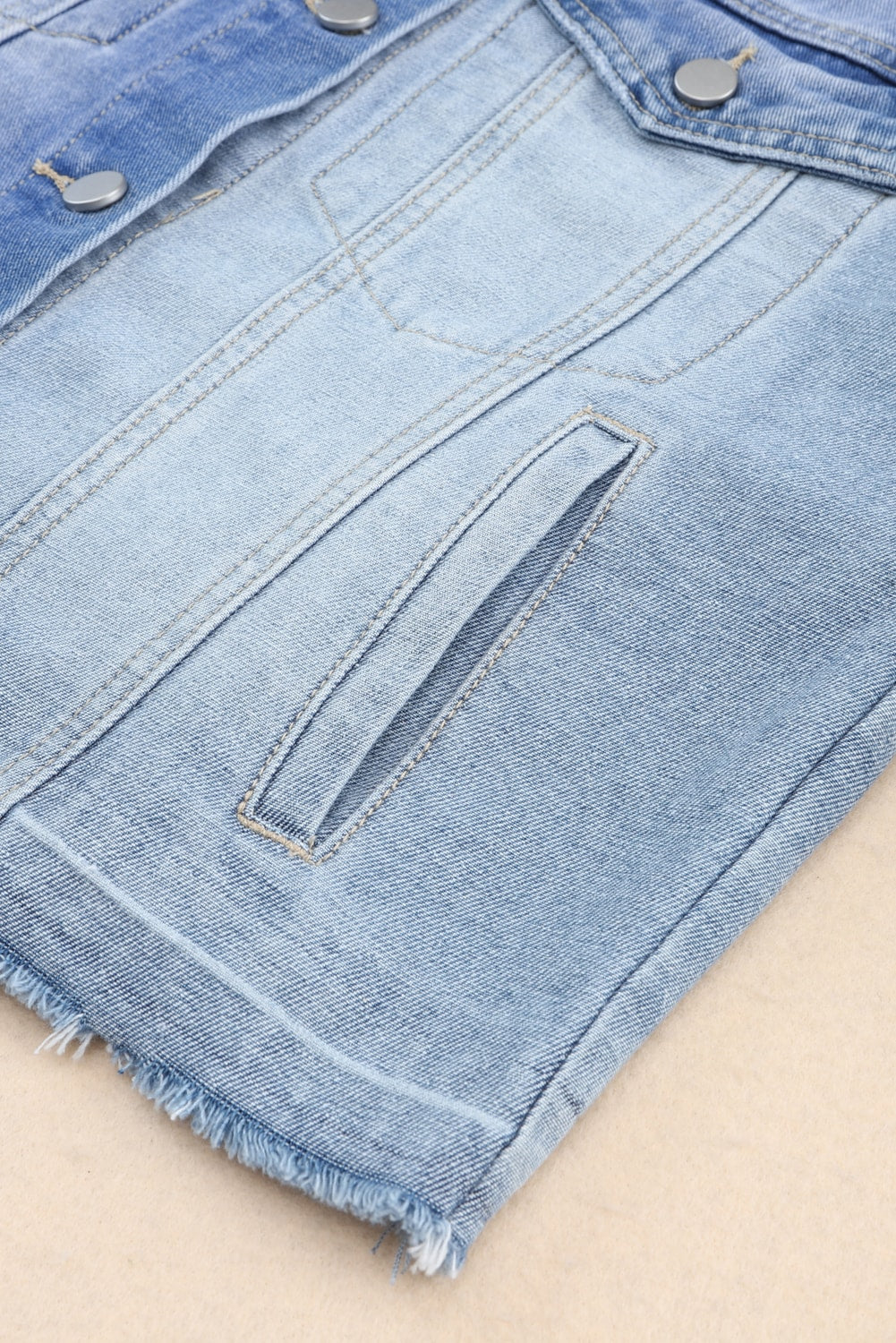 Sky Blue Color Block Denim Patchwork Frayed Hem Jacket Denim Jackets JT's Designer Fashion