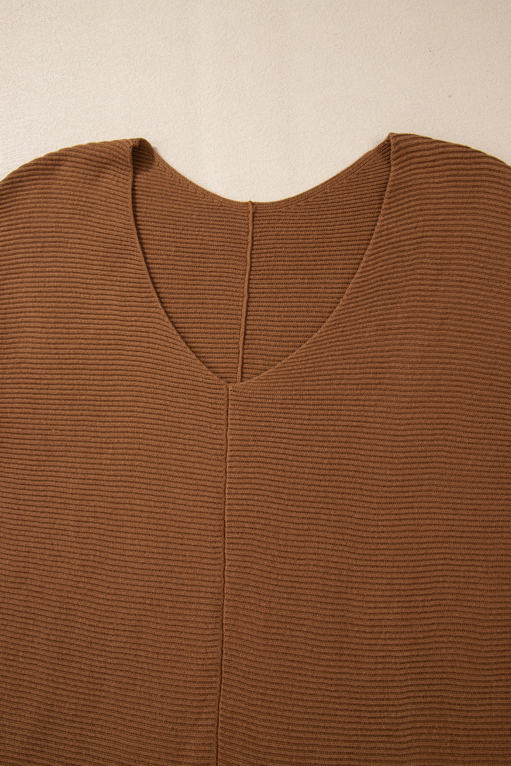 Camel Ribbed Knit Drop Sleeve V Neck Loose Fit Sweater Sweaters JT's Designer Fashion