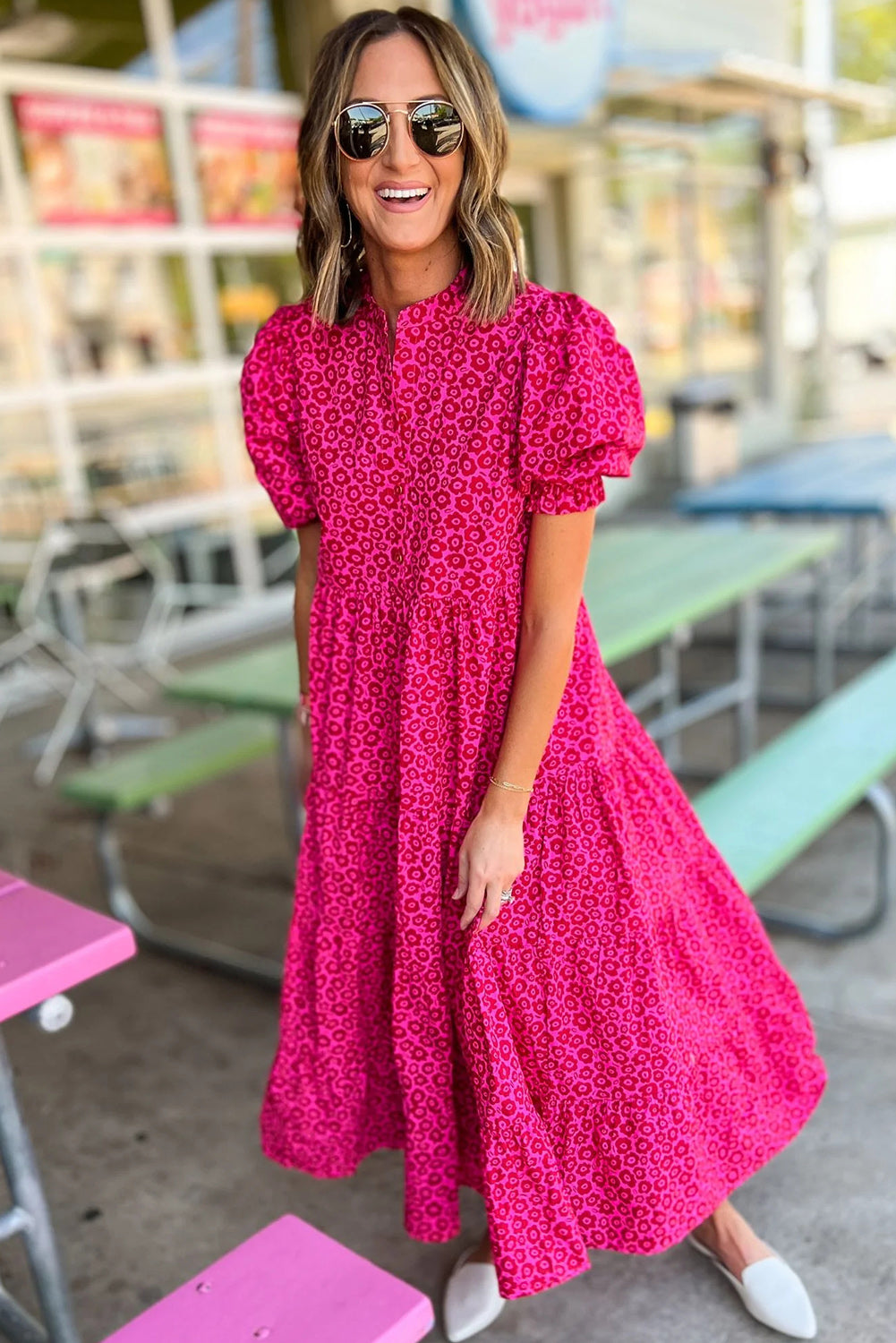 Rose Red Mock Neck Puff Sleeve Leopard Tiered Maxi Dress Dresses JT's Designer Fashion