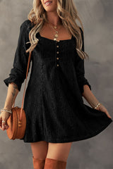 Black Lace Crochet Buttoned Square Neck Shift Mini Dress Mini Dresses JT's Designer Fashion