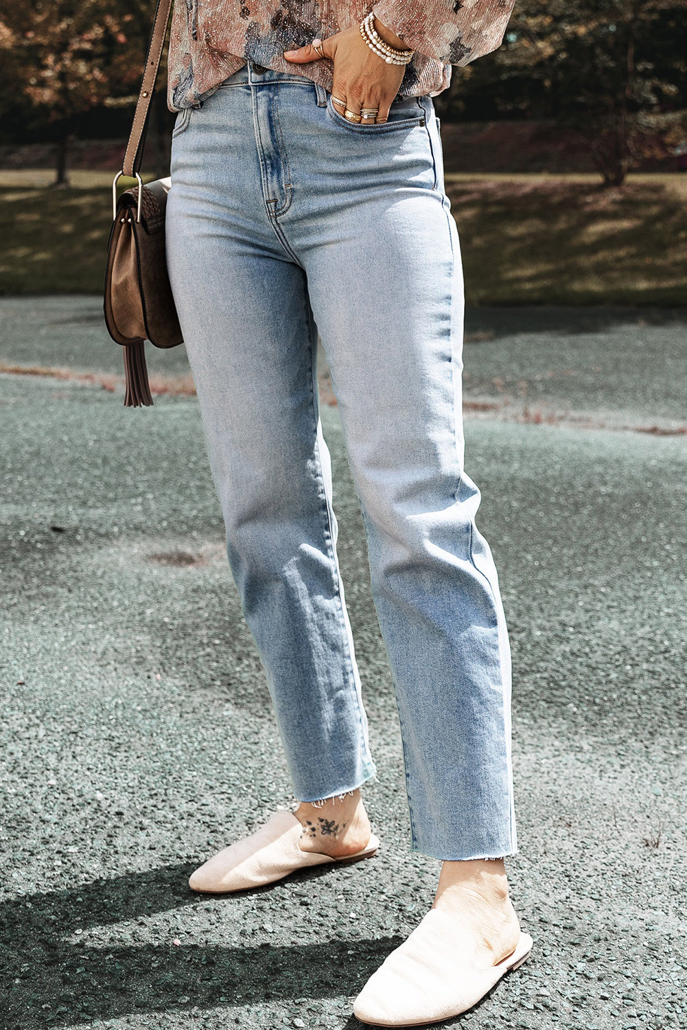 Light Blue Acid Wash Raw Edge Straight Jeans Jeans JT's Designer Fashion