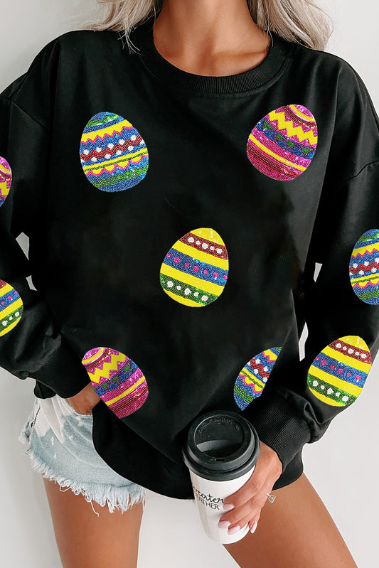 Black Eater Egg Sequin Patched Crew Neck Sweatshirt Black 50%Polyester+50%Cotton Graphic Sweatshirts JT's Designer Fashion