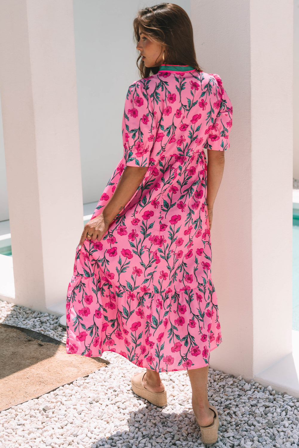 Pink Floral Contrast Neckline A-line Puff Sleeve Long Dress Maxi Dresses JT's Designer Fashion