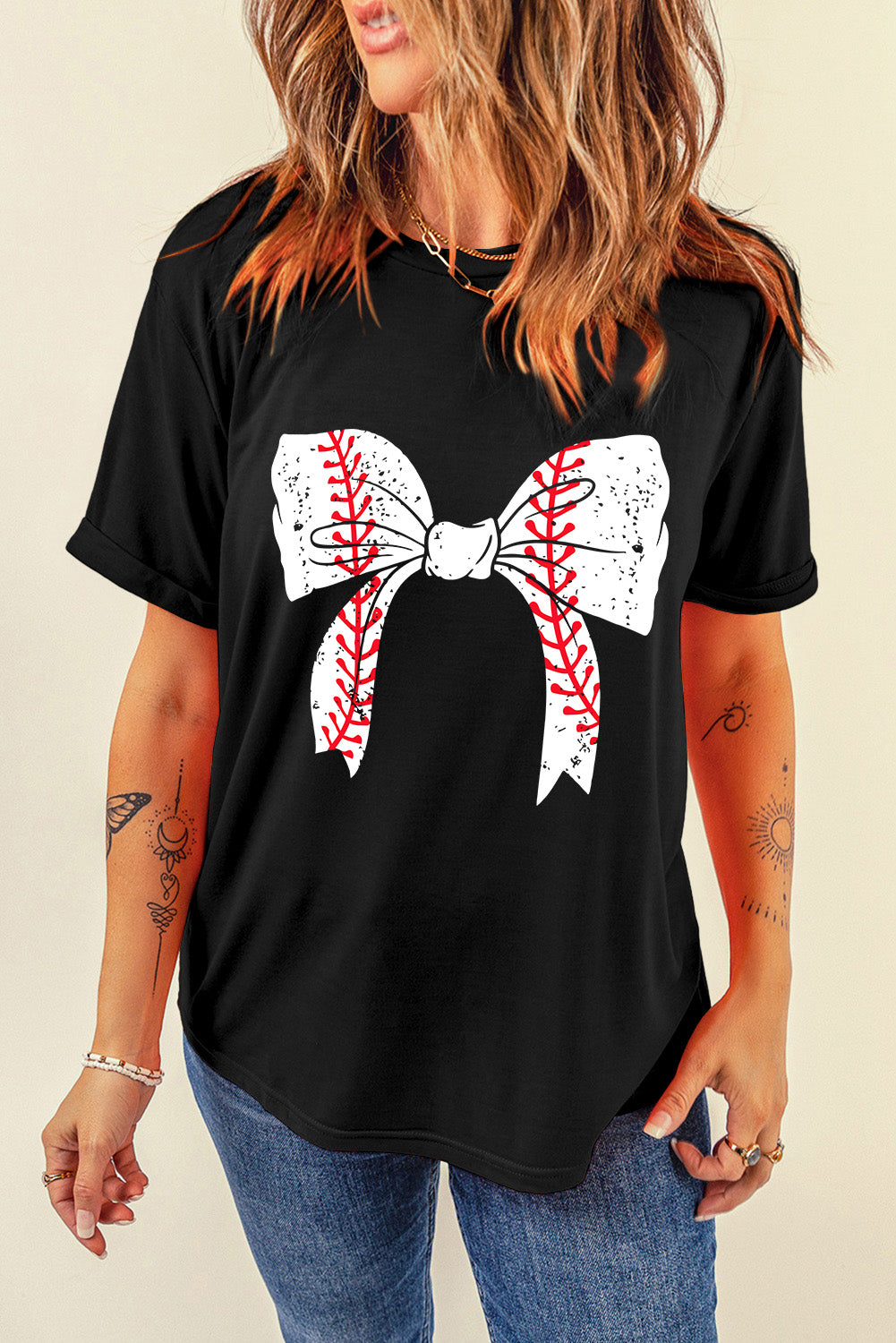 Black Baseball Bowknot Graphic Casual Tee Graphic Tees JT's Designer Fashion