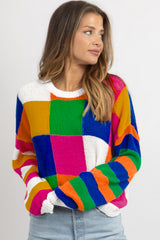 Orange Checkered Color Block Round Neck Loose Sweater Sweaters JT's Designer Fashion