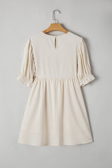 White Textured Ruffled Puff Sleeve Loose Dress Mini Dresses JT's Designer Fashion