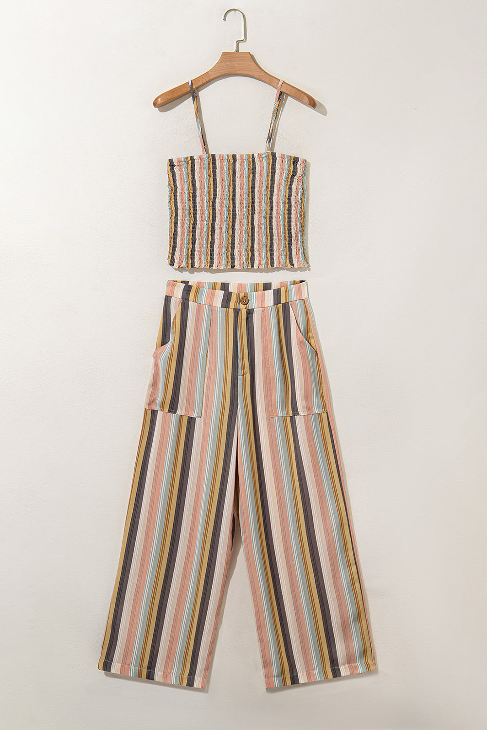 Multicolour Vertical Striped Smocked Cami Top Wide Leg Pants Set Pant Sets JT's Designer Fashion