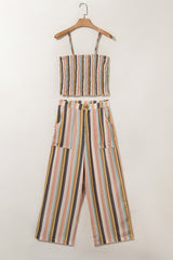 Multicolour Vertical Striped Smocked Cami Top Wide Leg Pants Set Pant Sets JT's Designer Fashion