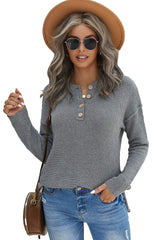 Gray Henley Pullover Drop Shoulder Sweater with Slits Sweaters & Cardigans JT's Designer Fashion