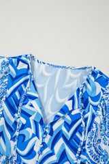 Sky Blue Bohemian Print Puff Sleeve Tied V Neck Flared Mini Dress Mini Dresses JT's Designer Fashion