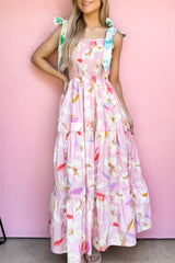 Pink Floral Print Knotted Shoulder Smocked Maxi Dress Floral Dresses JT's Designer Fashion