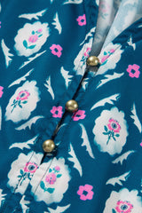 Blue Retro Floral Print Split Neck Ruffle Short Sleeve Dress Floral Dresses JT's Designer Fashion