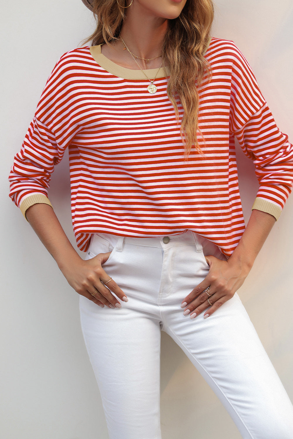 Fiery Red Contrast Trimmed Striped Drop Shoulder Sweater Sweaters JT's Designer Fashion