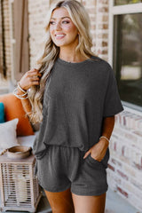 Carbon Grey Ribbed Textured Knit Loose Fit Tee and Shorts Set Short Sets JT's Designer Fashion