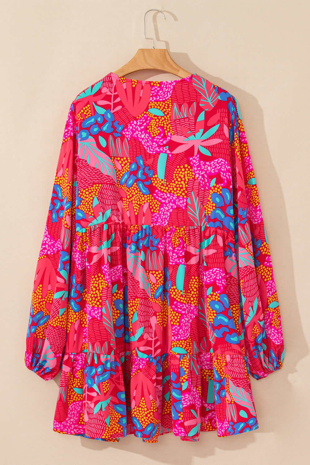 Rose Tropical Printed Lantern Sleeve V Neck Ruffled Plus Size Mini Dress Plus Size Mini Dresses JT's Designer Fashion