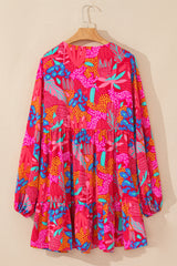 Rose Tropical Printed Lantern Sleeve V Neck Ruffled Plus Size Mini Dress Plus Size Mini Dresses JT's Designer Fashion