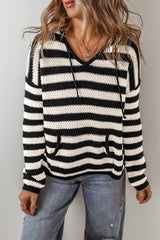 White Stripe V Neck Pocketed Drawstring Hooded Sweater White Stripe 60%Cotton+40%Acrylic Sweaters JT's Designer Fashion