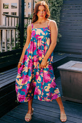 Dark Blue Floral High Waist Sleeveless Flared Long Dress Floral Dresses JT's Designer Fashion