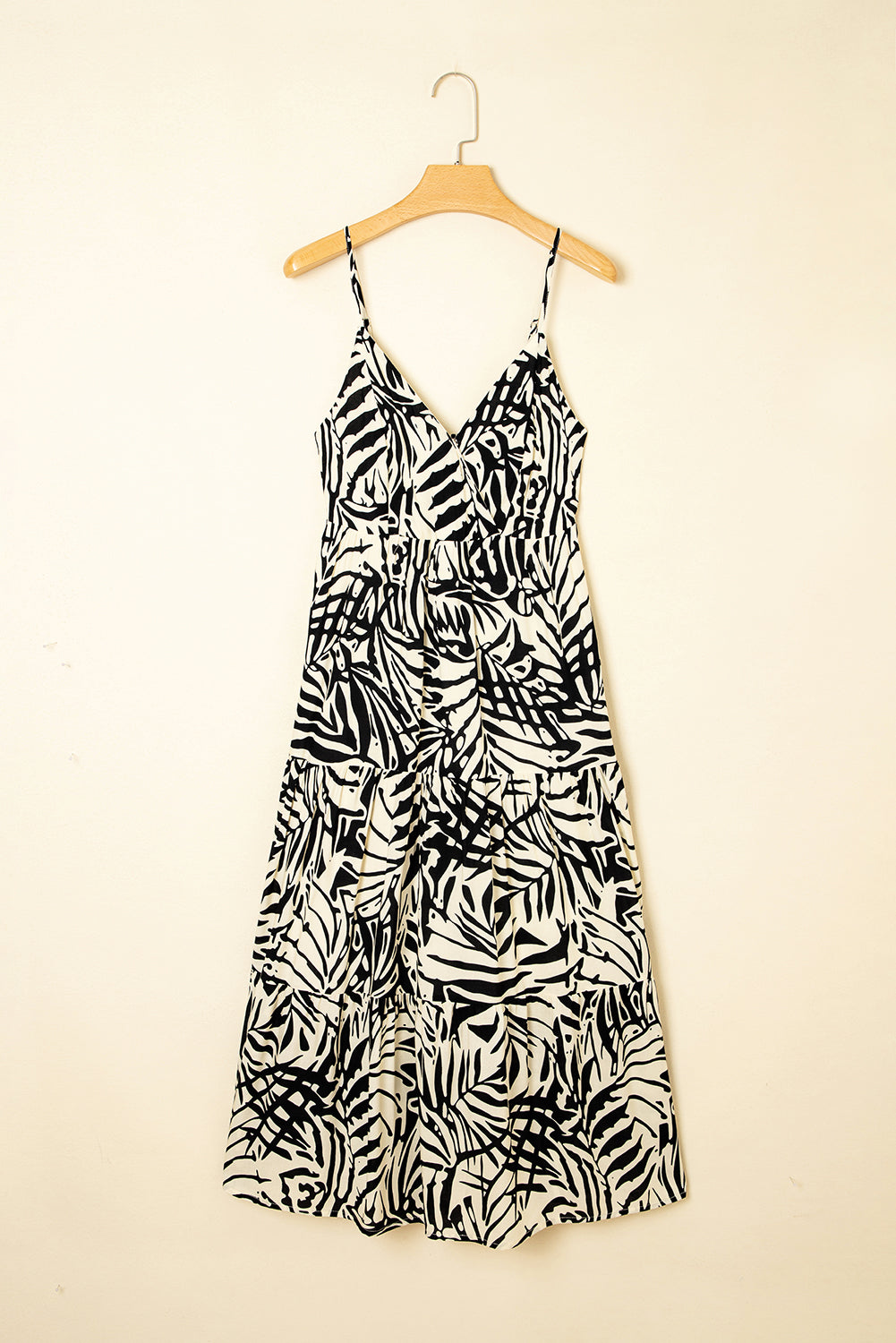 Khaki Tropical Palm Print Wrapped V Neck Spaghetti Straps Tiered Dress Midi Dresses JT's Designer Fashion
